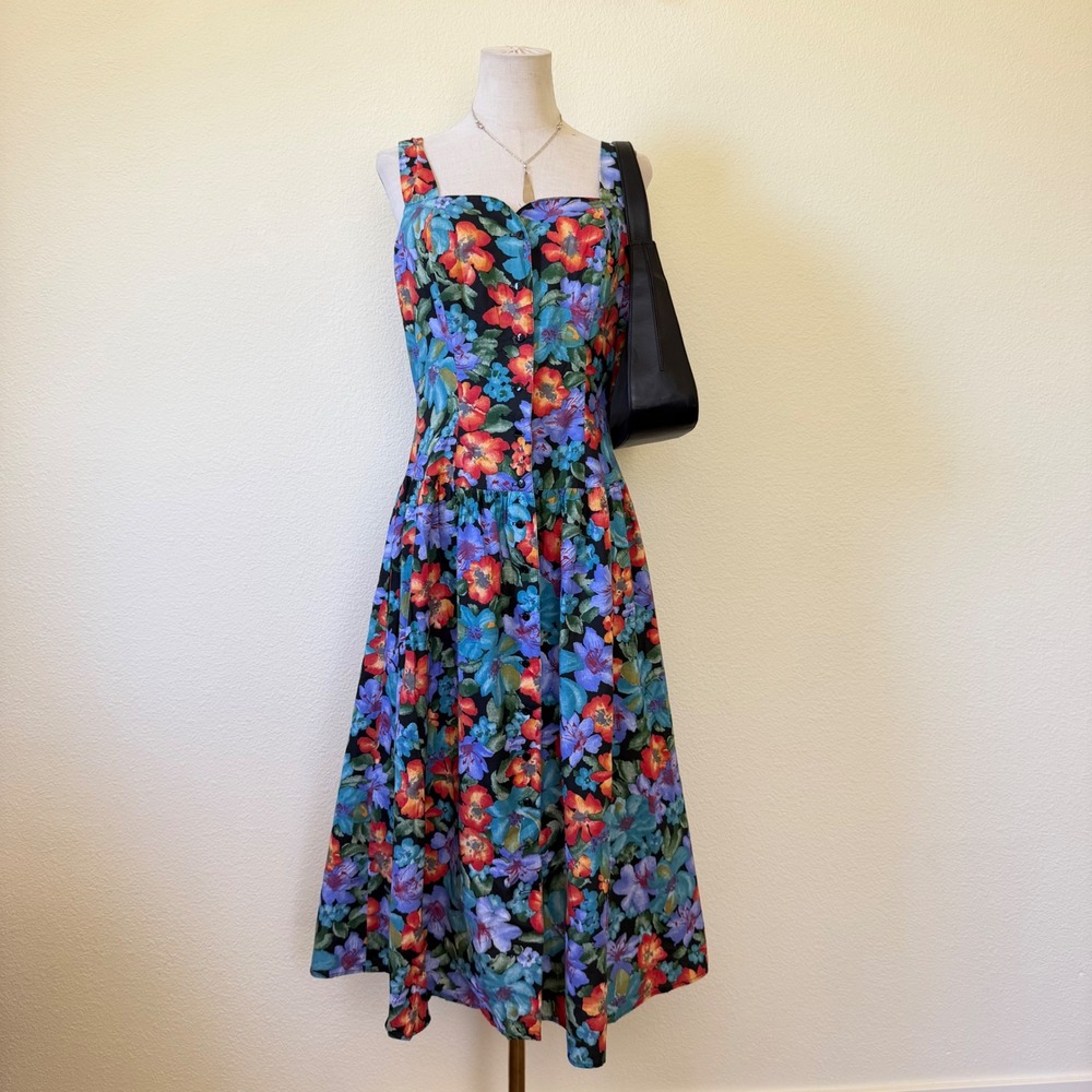 Vintage Floral Cotton Midi Dress 90s Button Front Drop Waist Size 10 USA
